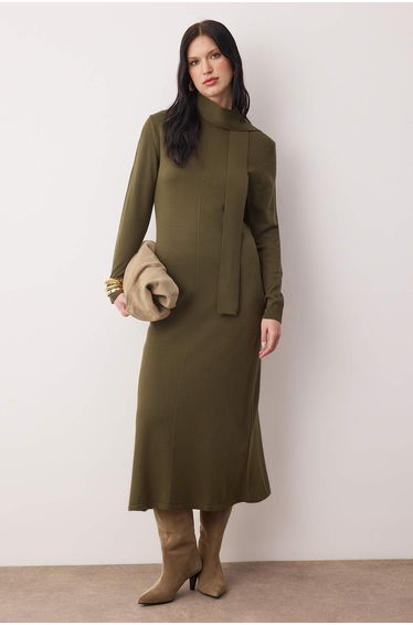 Khaki unlined plain knitwear single plate hijab dress