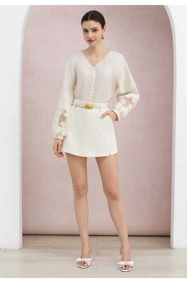 Golden Buckle Belt Side Pockets Mini Skorts in Ivory for Vacation & Chic Weekends