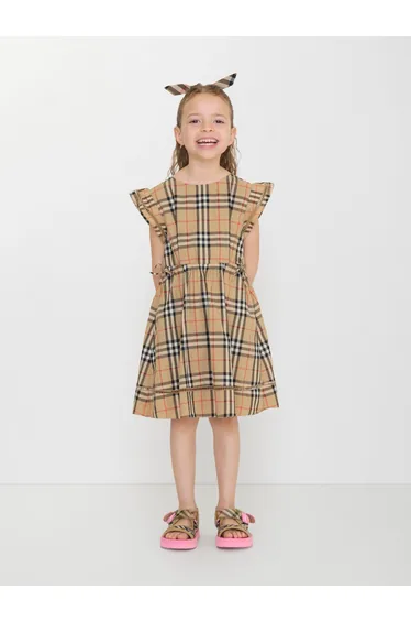 Burberry Girls Adele Check Cotton Dress in Beige