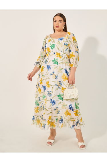 Plus Size Floral Print Sweetheart Neck A-Line Maxi Dress