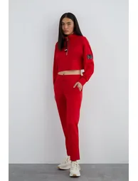 Label Detail Front Zipper Red sweatshirt - 1