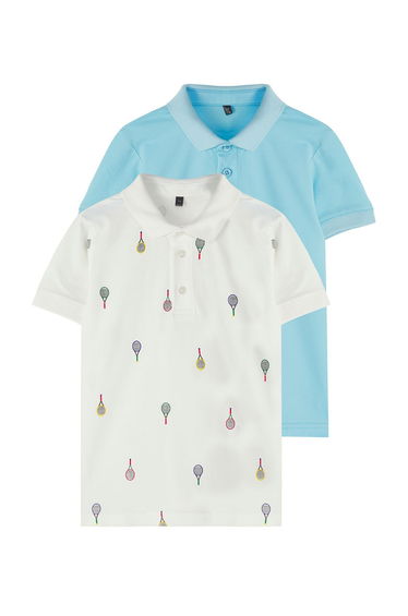 Ecru-Blue 2-Pack Boy 100% Cotton Printed Regular Fit Polo Collar Knitted T-Shirt