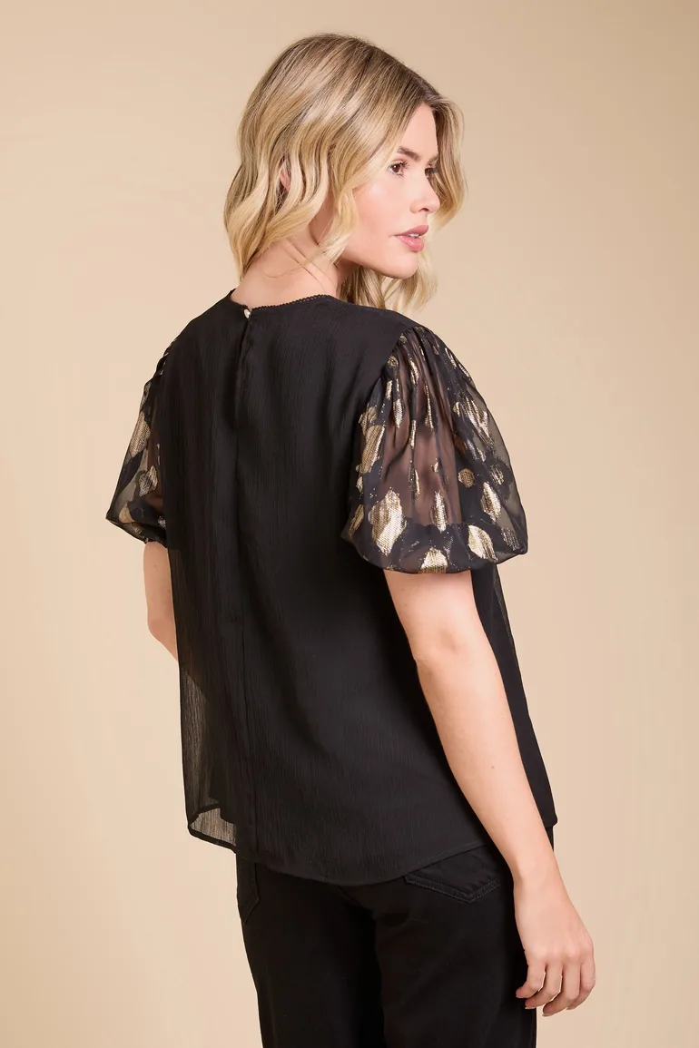 Metallic Jacquard Puff Sleeve Top - 1