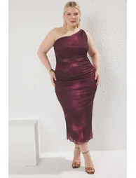 Claret Red Single Sleeve Body-Styling Accessory Detail Tulle Stretchy Knitted Pencil Dress