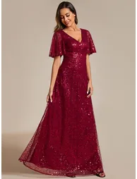 ever ARIA|Shimmering All Over Sequin Short Sleeves A-Line Formal Evening Dress - 2