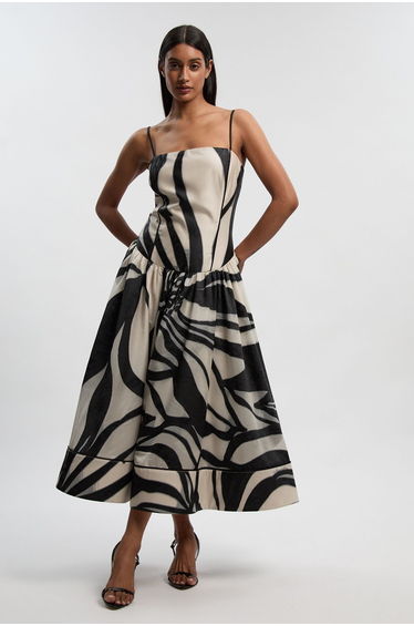 Jacquard Floral Print Woven Maxi Prom Dress
