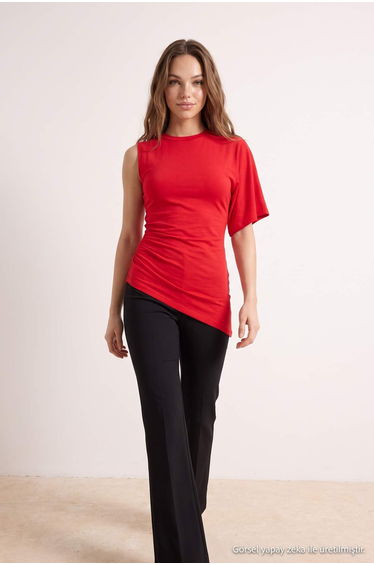 Red Fitted Batwing Sleeve Long Stretch Knitted Blouse