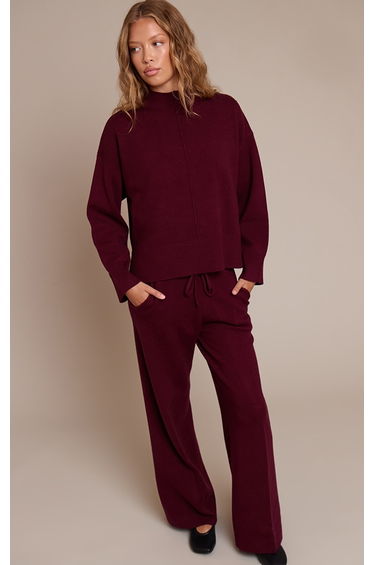 Burgundy Drawstring Wide Leg Knitted Trousers