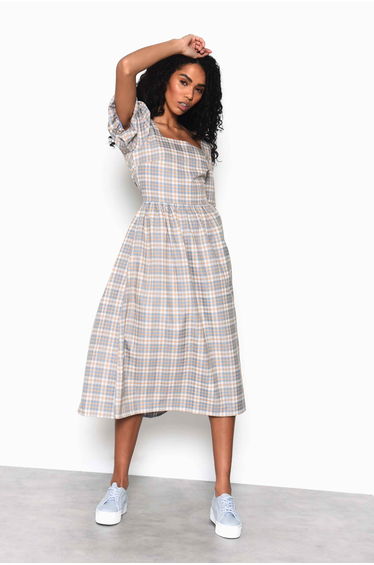 Glamorous Light Blue Multi Check Square Neck Puff Sleeve Midaxi Dress