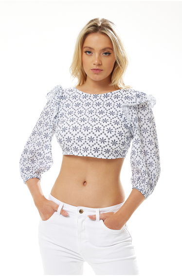 Women's Open Back Floral Crop Top in White - 3/4 Sleeve, High Neck, Cropped Length, Tie Detail Back