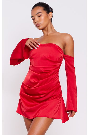 Red Satin Corset Bardot Ruched Long Sleeve Shift Dress