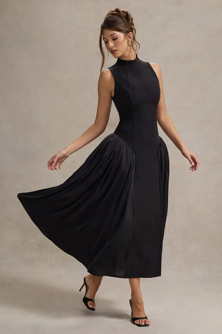 Shop Napoli | Black High-Neck Volume-Skirt Dress Online in Oman Shop Napoli | Black High-Neck Volume-Skirt Dress Online in Oman