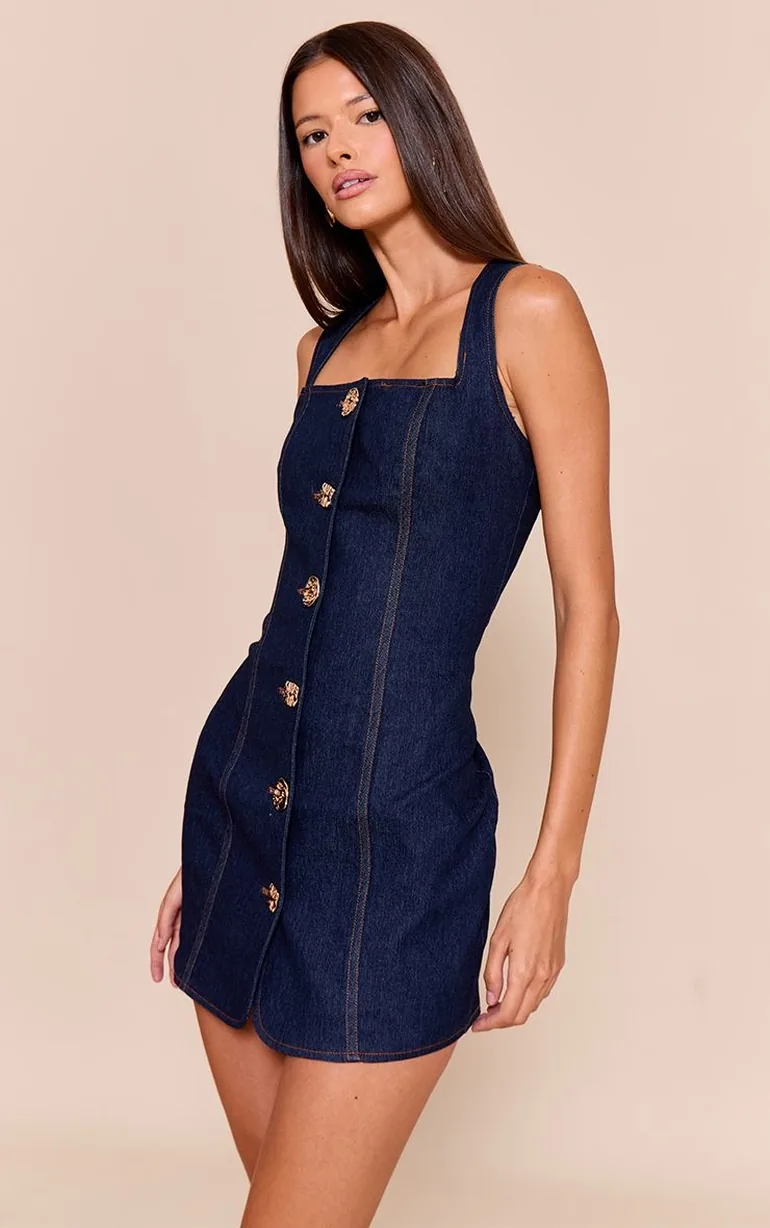 Indigo Blue Chambray Denim Gold Button Detail Square Neck Bodycon Dress - 5