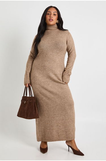 Plus High Neck Knit Jumper Maxi Dress - hazelnut
