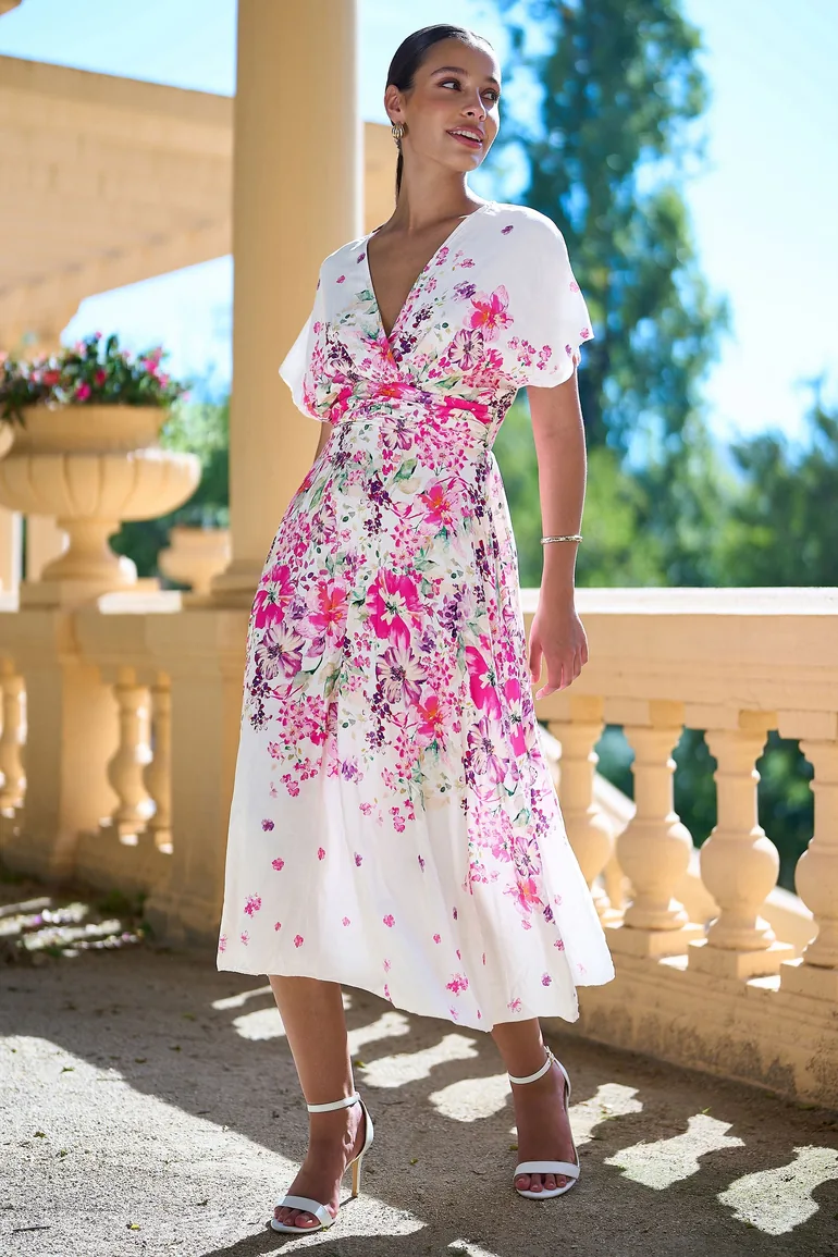 kimono style midi dress Yumi Pink Mirror Floral Print Ruched Waist Kimono Midi Dress Yumi  Multicolour : Day Dresses : VogaCloset Iraq