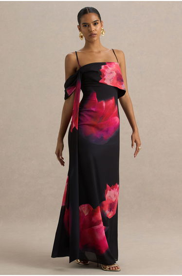Leonara | Black And Pink Floral Print Cowl-Neck Maxi Dress With One-Sleeve product thumbnail 4