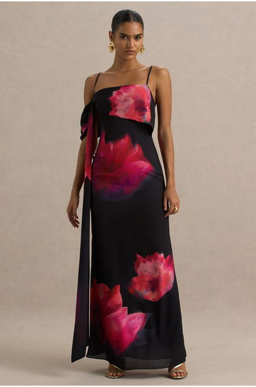 Leonara | Black And Pink Floral Print Cowl-Neck Maxi Dress With One-Sleeve product thumbnail 3