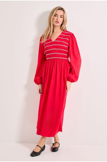 Contrast Stitching Shirred Bodice V Neck Midi Dress