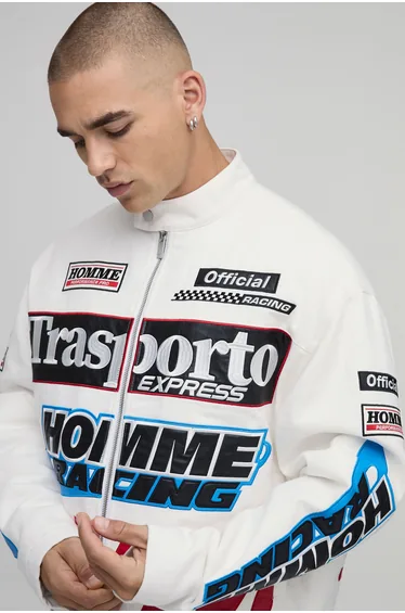 Boxy Fit Twill Applique Moto Jacket - white