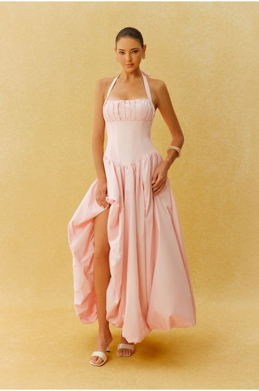 Just For Kisses Pink Halter Corset Bubble Hem Maxi Dress
