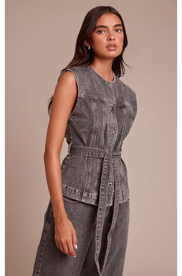 Washed Grey Round Neck Cinch Belted Denim Top