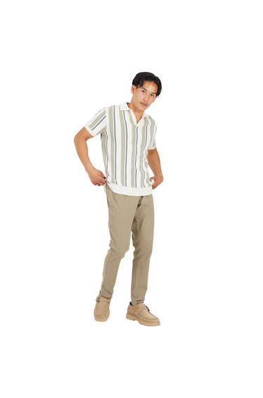 Brave Soul Mens Striped Knitted Polo Shirt - Cream/Light Grey/Mid Green