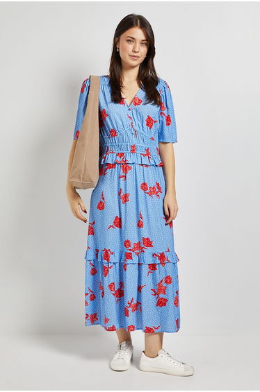 Blue Floral Empire Shirred Bodice Button Detail Maxi Dress