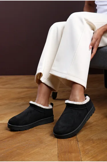 Avara Cosy Black Fur Lined Suede Micro Ankle Mules
