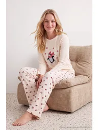 Ecru Penguin Patterned Soft Tuşe Winter Waffle Knitted Pajama Set - 1