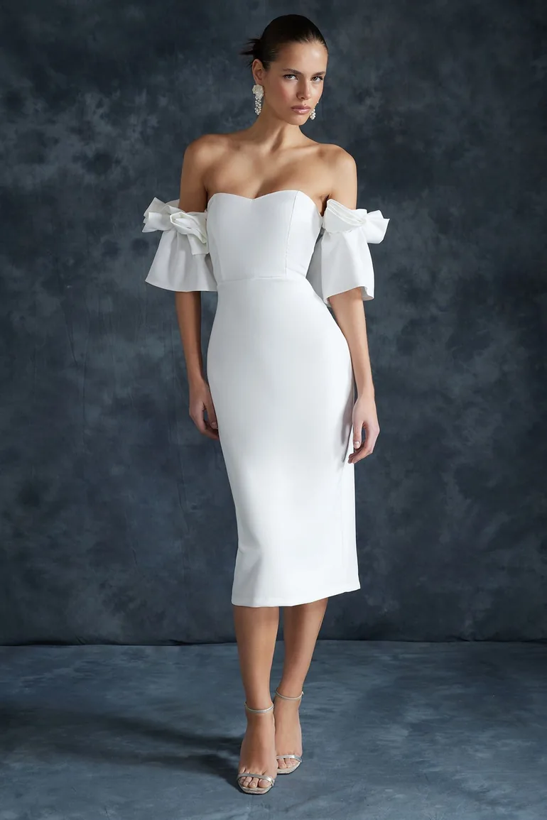 off the shoulder two piece wedding dress Minimalist Wedding Two-Piece Dress Set 8 / Dress & Tulle Train