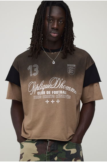 Oversized Boxy Double Faux Layer Heavyweight Washed Distressed T-Shirt - brown