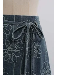 Floral Jacquard Tie-String Fringed Denim Maxi Skirt - 2