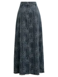 Floral Jacquard Tie-String Fringed Denim Maxi Skirt - 9