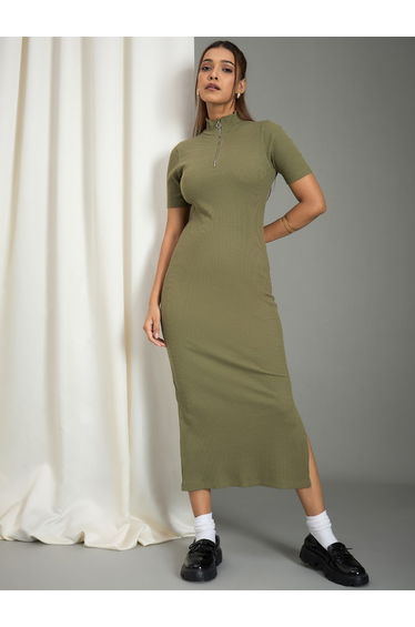 Women Olive Ribbed Bodycon Dress