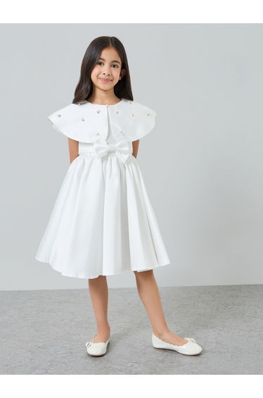 Girls White Embellished Dress with Cape