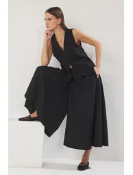 Black Skirt Look Matte Texture Wide Leg Extra Wide Leg Elastic Waist Trousers - 1