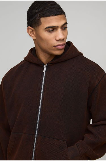 Oversized Boxy Heavyweight Washed Wrldwd Zip Through Hoodie - black