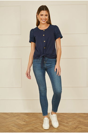 Yumi Navy Jersey Button Detail T-Shirt With Broderie Anglaise Sleeves And Tie Front