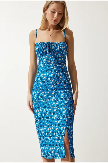 Women's Blue Black Floral Slit Summer Knitted Dress