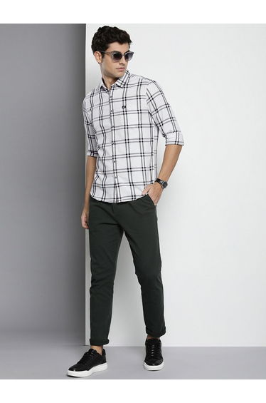 Men White Grid Checked Casual Shirt