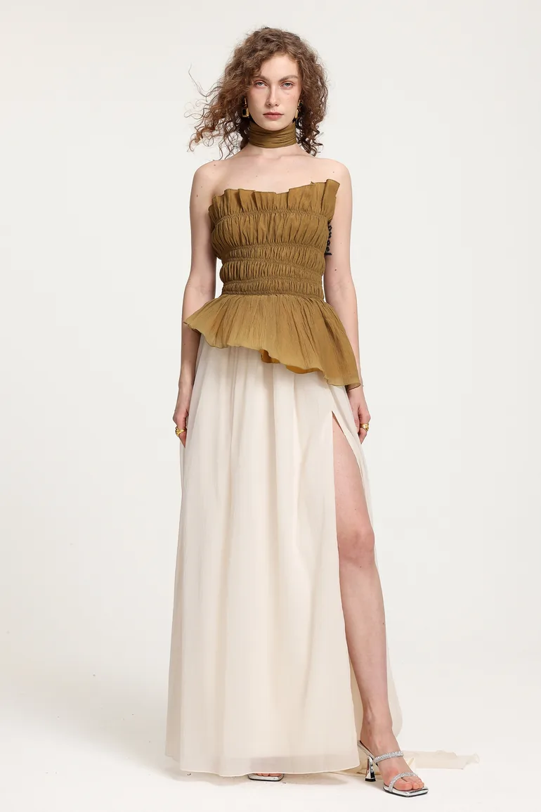 Two-Tone Strapless Smocked Peplum Maxi Dress With High Slit Bella Barnett  Multicolour : Premium Dresses : VogaCloset Bahrain