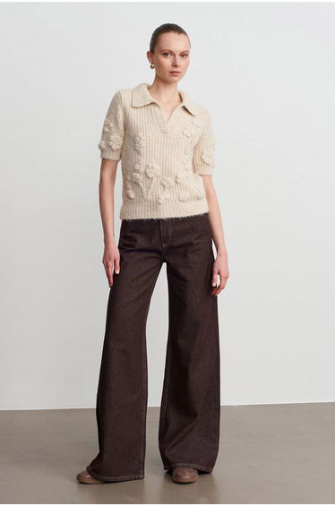 Dilvin Textured Ribbed Polo-collar Sweater