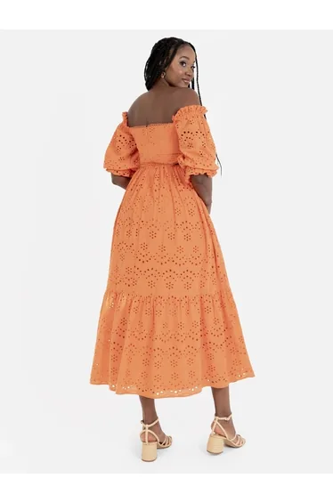 فستان ميداكسي مخرم بخصر بفتحات - برتقالي