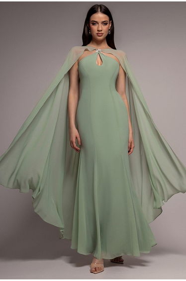 Multiway Cape Chiffon With Embellished Trim Maxi Dress - Sage Green by Goddiva
