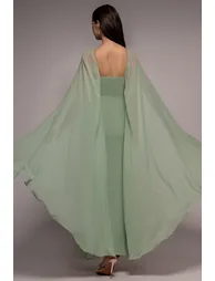 Multiway Cape Chiffon With Embellished Trim Maxi Dress - Sage Green by Goddiva - 1