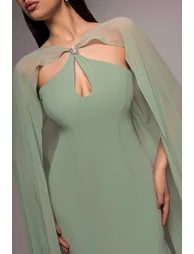 Multiway Cape Chiffon With Embellished Trim Maxi Dress - Sage Green by Goddiva - 4