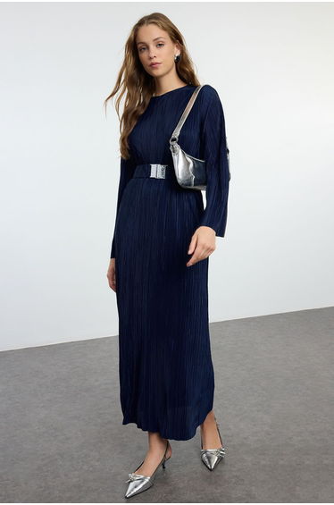 Navy Blue Pleated Belt Detailed Knitted Dress