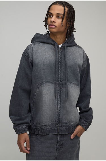 Washed Zip Through Co-Ord Denim Hoodie - mid grey