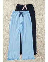 Blue-Multicolored 2-Pack 100% Cotton Ruffle and Ribbon/Bow Knitted Pajama Bottoms - 1