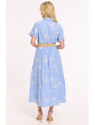 Blue Belted Embroidered Midi Dress - 4